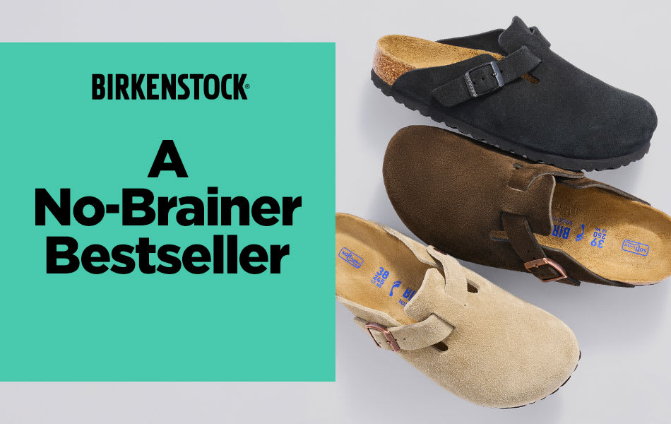 Three Birkenstock clogs placed next to each other shot from above on a white background.