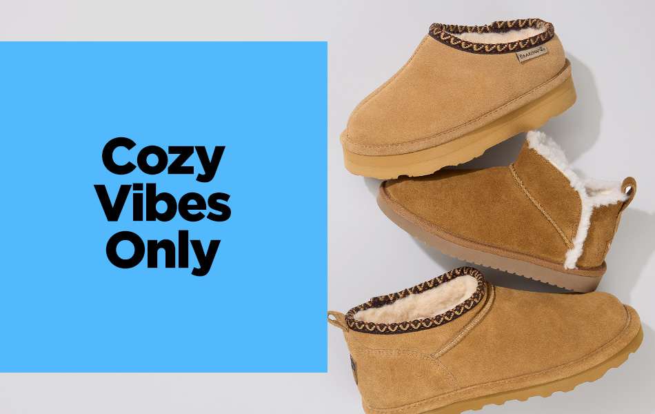 Three cozy insulated and lined slippers on a white background including the Bearpaw Platform slipper, Bearpaw Super Shorty Deco Fur boot, and the Koolaburra by Ugg Koola Ultra Mini Fur boot.