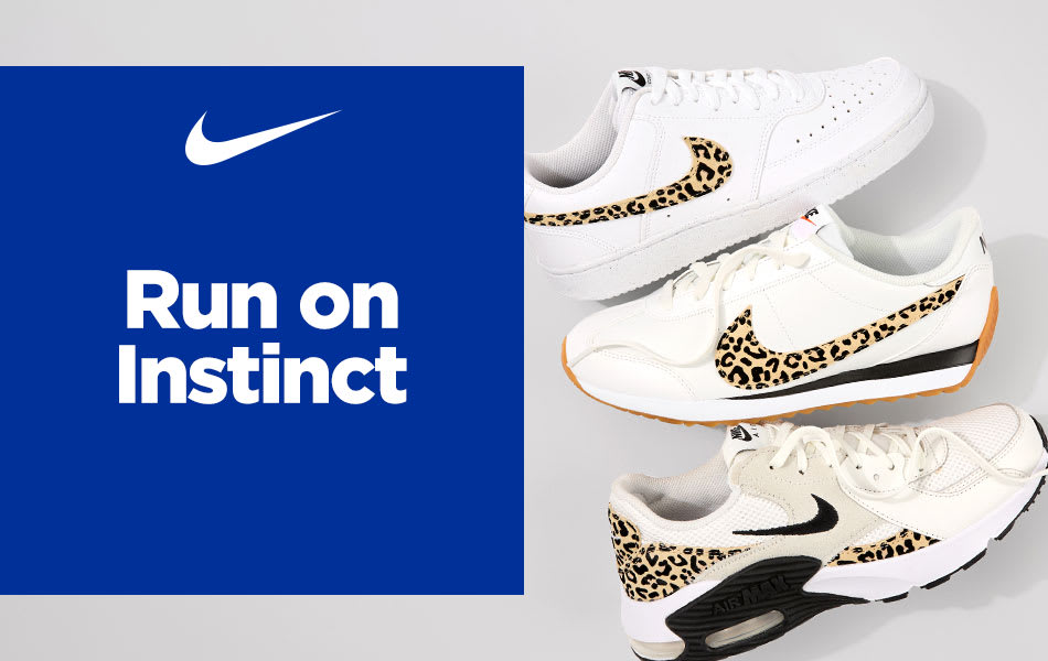 Three Nike shoes featuring leopard print aesthetics stacked on top of each other on a white background including the Nike Pacific sneaker, the Nike Air Max Excee sneaker and the Nike Court Vision Low sneaker.