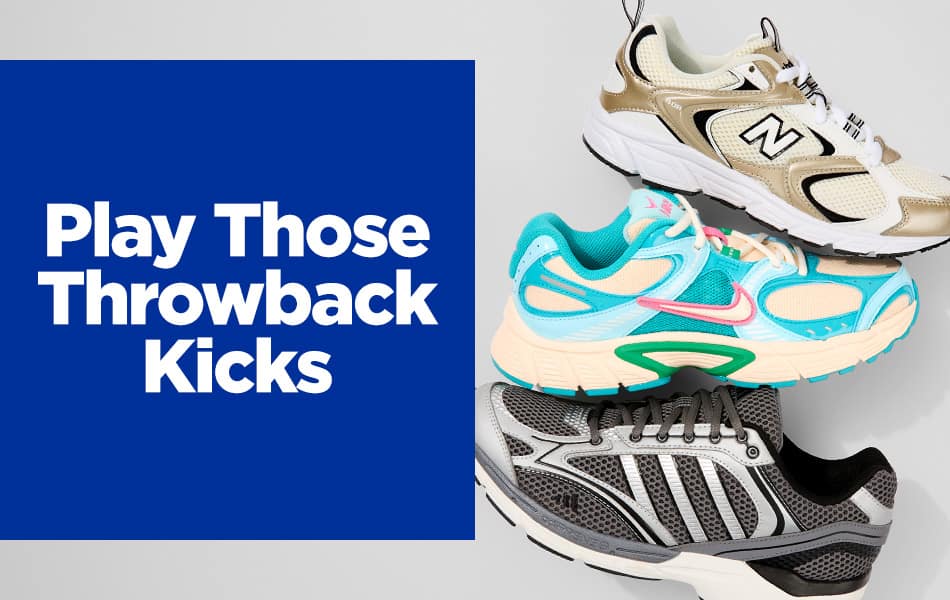 Three retro Y2K sneakers stacked on top of each other on a white background including the adidas Spiritain 2000 sneaker, the Nike V5 RNR sneaker, and the New Balance 408 sneaker.