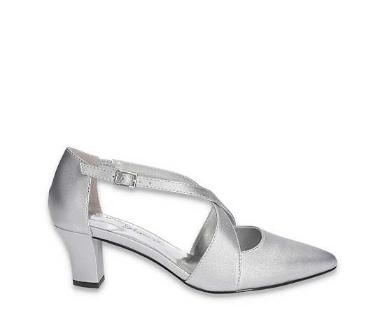 Easy Street Elegance Womens Round Closed Toe Block Heel Pumps, 9 Medium, Silver