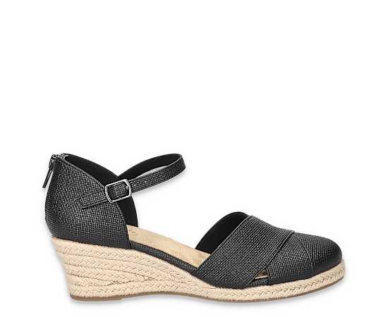 Easy Street Women's Coast Espadrille Wedge Sandals - Black Linen Embossed