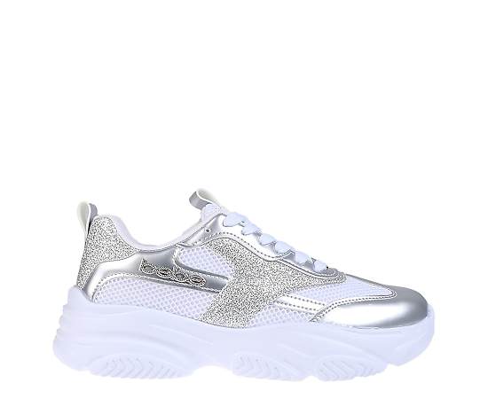 bebe Women's Sneaker with Chunky Outsole and Mixed Material Upper - Silver