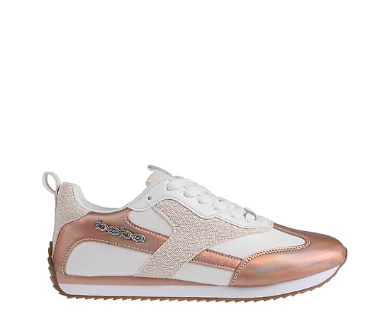 bebe Women's Sneaker with Lurex Upper and bebe Rhinestone Hardware - Rose gold