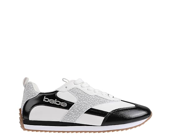 bebe Women's Sneaker with Lurex Upper and bebe Rhinestone Hardware - White/black