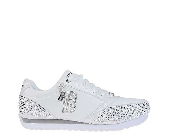 bebe Women's Sneaker with Embellised Upper and Dangle Charm - White