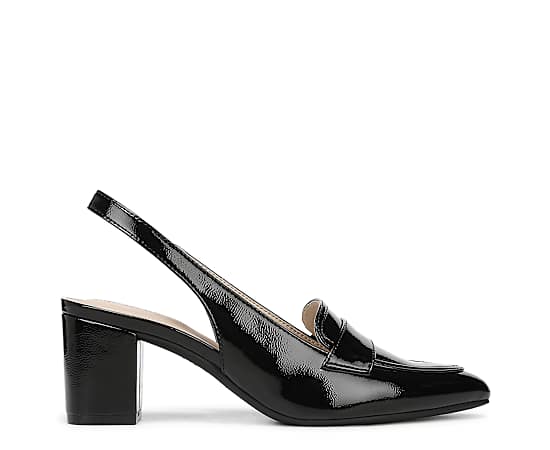 LifeStride Women's Angel Pointed Toe Block Heel Slingback Pumps - Black Faux Patent Leather