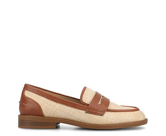 Journee Collection Women's Brooks Block Heel Comfort Penny Loafers - Cognac/Natural Raffia