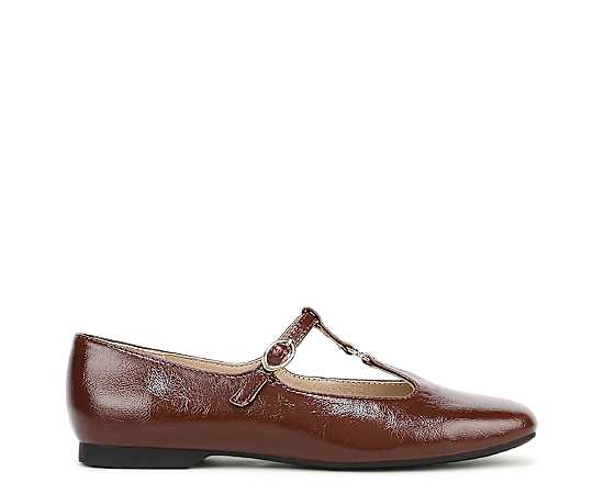 LifeStride Women's Bennett T-Strap Mary Jane Flats - Cognac Crinkle Faux Patent Leather