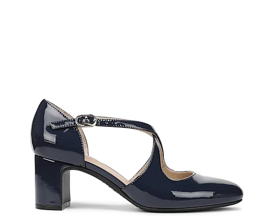 LifeStride Women's Tracy Crisscross Block Heel Pumps - Lux Navy Faux Patent Leather