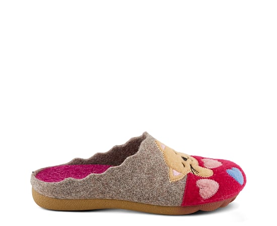 Flexus Women's Cuttlecat Kitten Embroidery Wool Wedge-Heel Slippers - Fuchsia multi