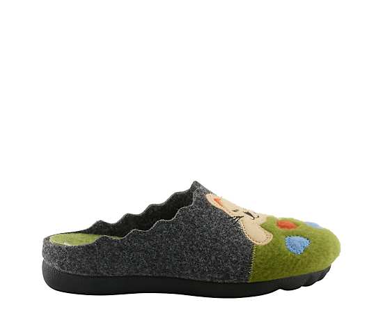 Flexus Women's Cuttlecat Kitten Embroidery Wool Wedge-Heel Slippers - Green multi