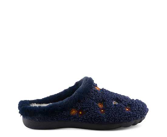 Flexus Women's Abouquet Plush Slippers with Faux Fur Trim - Navy