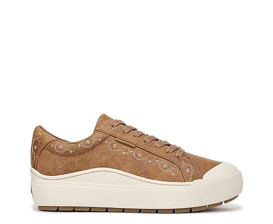 Dr. Scholl's Women's Time Off Lace Up Platform Sneakers - Embroidered Honey Brown Faux Leather