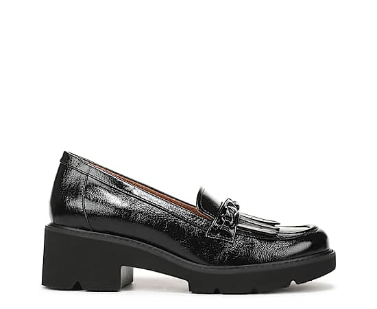 Naturalizer Celia Lug Loafer Shoes, Black Faux Leather Fabric, 11.0W Slip-On Fit, Round Toe, Block Heels