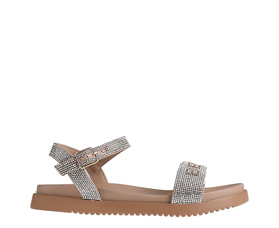 bebe Women's Sandal with Rhinestone Embellished Upper - Elegant and Comfortable - Nude