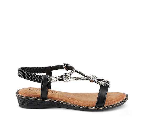 Patrizia Women's Charmer Crystal Jeweled T-Strap Flat Sandals with Stretch Back - Black