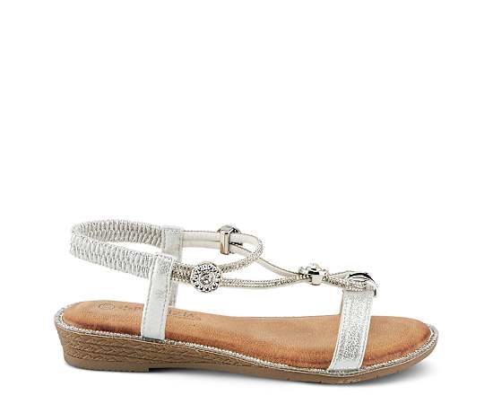 Patrizia Women's Charmer Crystal Jeweled T-Strap Flat Sandals with Stretch Back - Silver