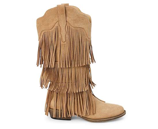 Coconuts by Matisse Women's Saloon Western Suede Scalloped-Topline Tiered-Fringe Boots - Natural