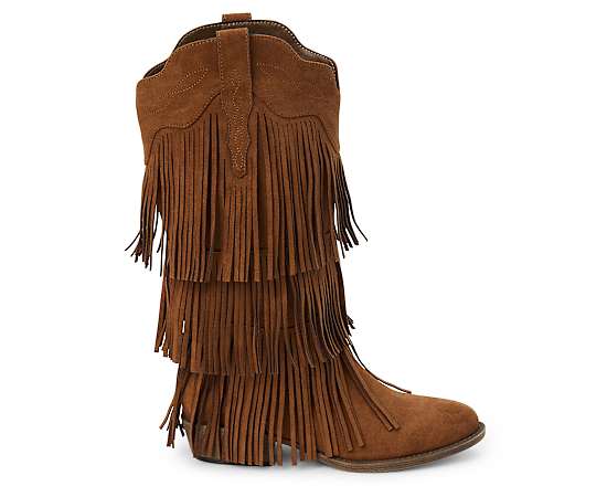 Coconuts by Matisse Women's Saloon Western Suede Scalloped-Topline Tiered-Fringe Boots - Saddle