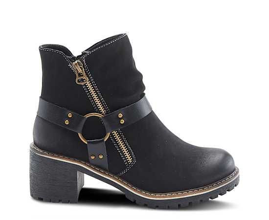 Patrizia Women's Firewood Lug Sole Booties with O-Ring Harness and Faux Fur Lining - Black