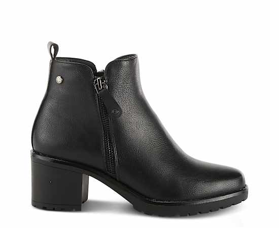 Patrizia Women s Irie Burnished Almond Toe Booties with Outside Zipper and Toggle Detail - Black