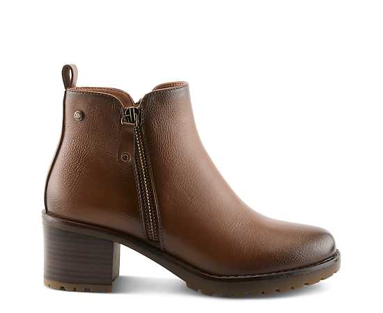 Patrizia Women s Irie Burnished Almond Toe Booties with Outside Zipper and Toggle Detail - Brown