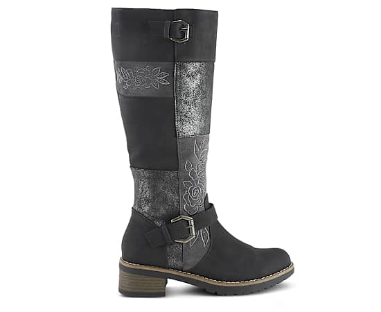Patrizia Women s Collage Patchwork Knee-High Boots with Embroidery and Buckle Accents - Black multi