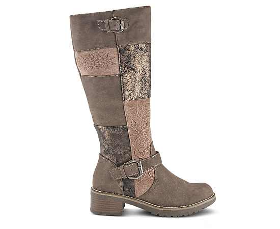 Patrizia Women s Collage Patchwork Knee-High Boots with Embroidery and Buckle Accents - Brown multi