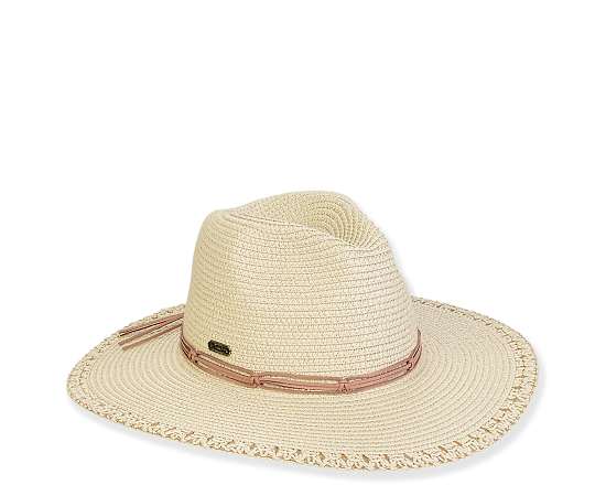 SUN N SAND-UNISEX PAPERSTRAW SAFARI HAT WITH FAUX LEATHER TRIM