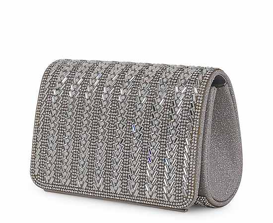 AMERICAN GLAMOUR BADGLEY MISCHKA-UNISEX CRYSTAL CHEVRON WITH PEARL FLAP CLUTCH