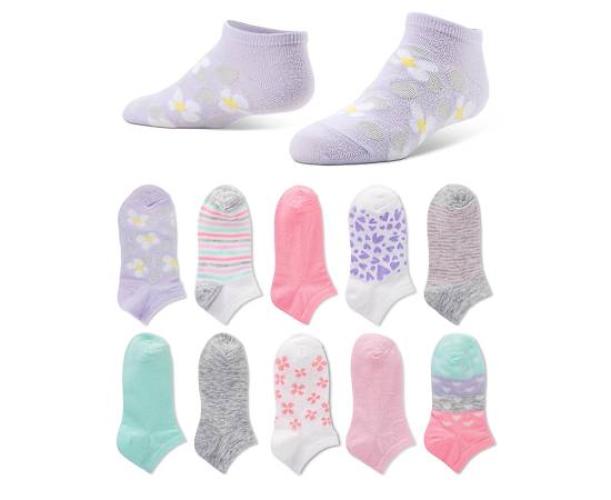 GIRLS GIRLY FLOWERS AND HEARTS NO SHOW SOCKS 10 PAIRS